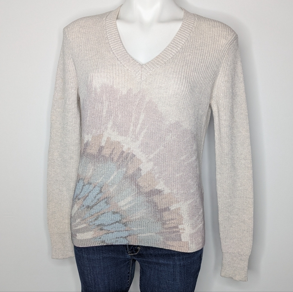 Kinross Cream Blue Tie Dye Starburst Cotton V Neck Sweater XS